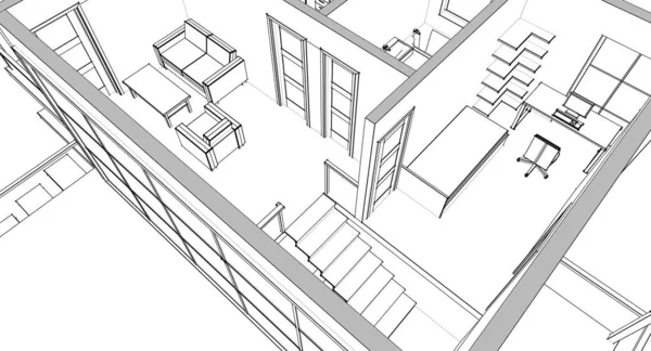 房屋阁楼内部3D渲染 — 图库照片