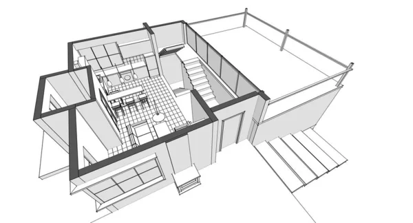 房屋阁楼内部3D渲染 — 图库照片