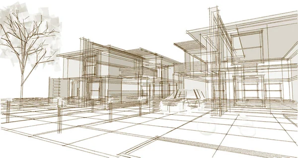 Nowoczesny Dom Projekt Architektoniczny Szkic Ilustracja — Zdjęcie stockowe