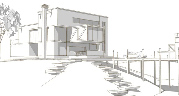 Современный Дом Архитектурный Эскиз Проекта Иллюстрация — стоковое фото