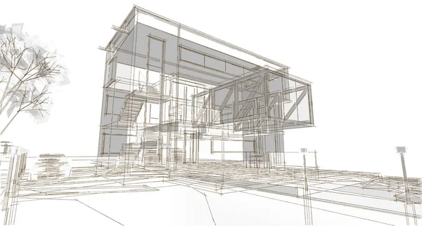 房屋建筑草图3D插图 — 图库照片