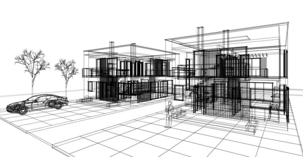 房屋建筑草图3D插图 — 图库照片
