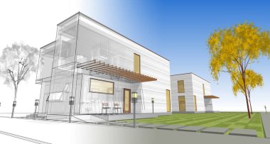 ev mimarisi çizimi 3d illüstrasyon