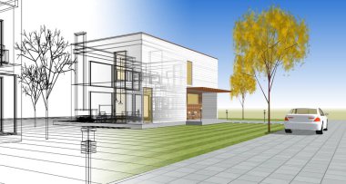 ev mimarisi çizimi 3d illüstrasyon