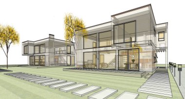 ev mimarisi çizimi 3d illüstrasyon