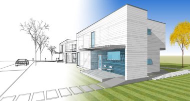 ev mimarisi çizimi 3d illüstrasyon