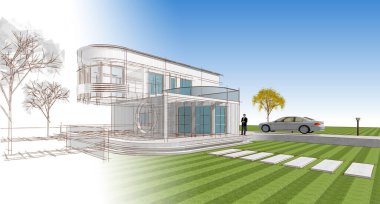 ev mimarisi çizimi 3d illüstrasyon