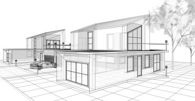 ev mimarisi çizimi 3d illüstrasyon