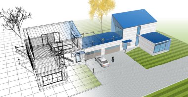 ev mimarisi çizimi 3d illüstrasyon