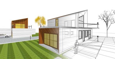 ev mimarisi çizimi 3d illüstrasyon