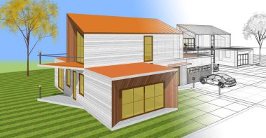 ev mimarisi çizimi 3d illüstrasyon