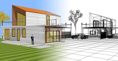 ev mimarisi çizimi 3d illüstrasyon