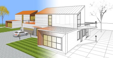 ev mimarisi çizimi 3d illüstrasyon