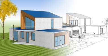 ev mimarisi çizimi 3d illüstrasyon