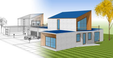 ev mimarisi çizimi 3d illüstrasyon