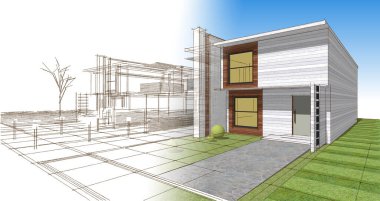 ev mimarisi çizimi 3d illüstrasyon