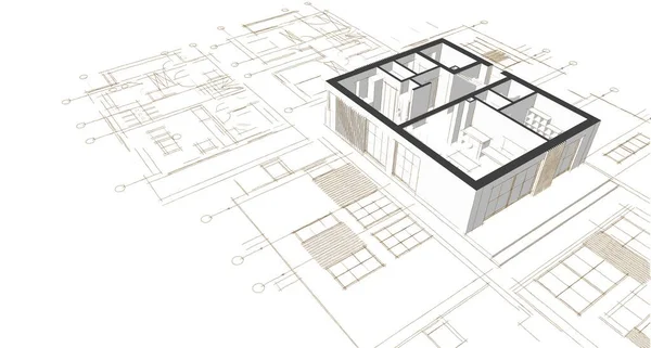 房屋建筑草图3D插图 — 图库照片