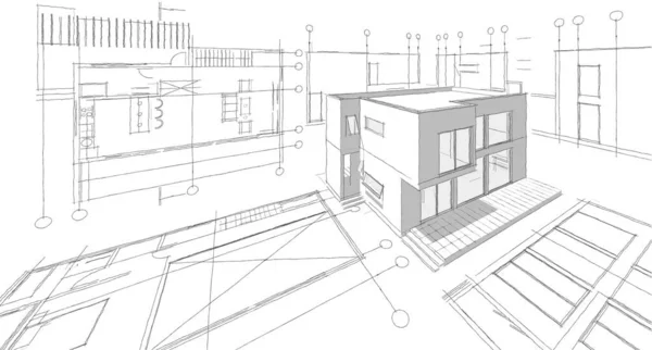 房屋建筑草图3D插图 — 图库照片