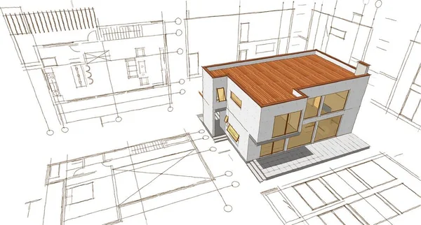 房屋建筑草图3D插图 — 图库照片