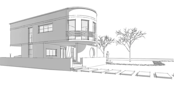 房屋建筑草图3D插图 — 图库照片