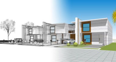 Modern ev çizimi 3d illüstrasyon