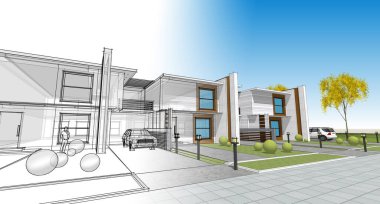 Modern ev çizimi 3d illüstrasyon