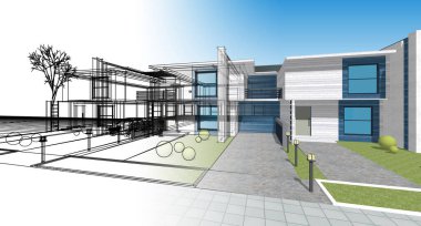 Modern ev çizimi 3d illüstrasyon