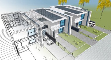 Modern ev çizimi 3d illüstrasyon