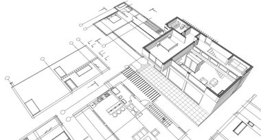 Modern ev mimari projesi çizimi 3D illüstrasyon