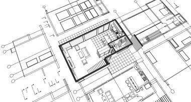 Modern ev mimari projesi çizimi 3D illüstrasyon
