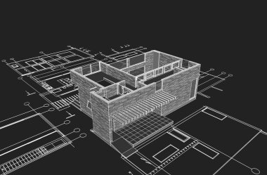 Modern ev mimari projesi çizimi 3D illüstrasyon