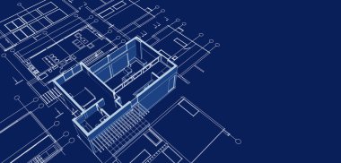 Modern ev mimari projesi çizimi 3D illüstrasyon