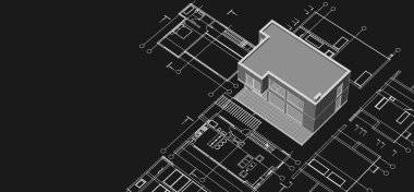 Modern ev mimari projesi çizimi 3D illüstrasyon
