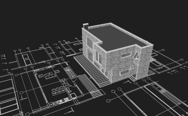 Modern ev mimari projesi çizimi 3D illüstrasyon
