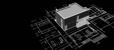 Modern ev mimari projesi çizimi 3D illüstrasyon