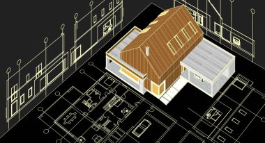 Modern ev mimari projesi çizimi 3D illüstrasyon