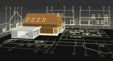 Modern ev mimari projesi çizimi 3D illüstrasyon