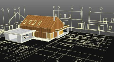 Modern ev mimari projesi çizimi 3D illüstrasyon