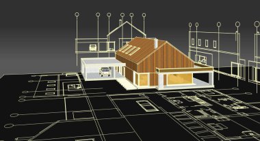 Modern ev mimari projesi çizimi 3D illüstrasyon