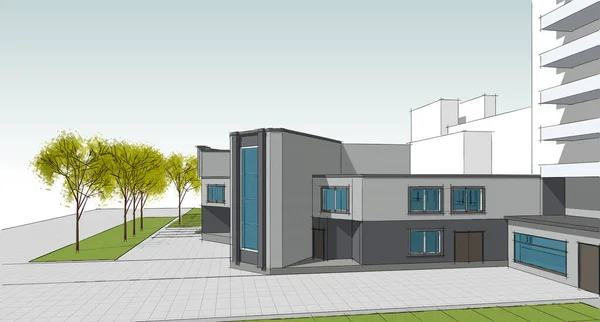 現代の住宅建設設計3Dレンダリング — ストック写真
