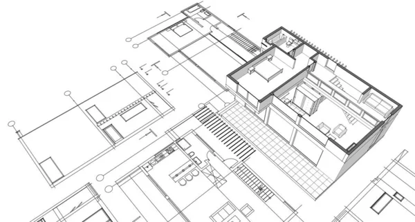 Casa Moderna Projeto Arquitetônico Esboço Ilustração — Fotografia de Stock