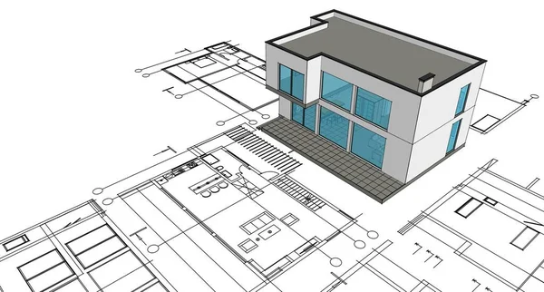 现代房屋建筑草图3D插图 — 图库照片