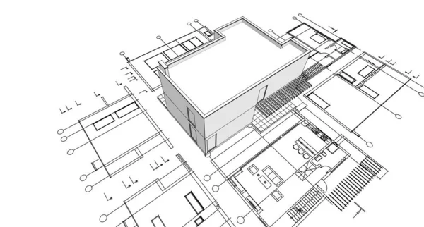 现代房屋建筑草图3D插图 — 图库照片