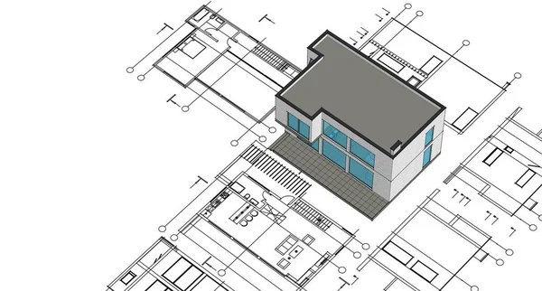 现代房屋建筑草图3D插图 — 图库照片