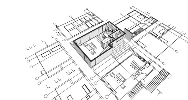 Moderní Dům Architektonický Projekt Skica Ilustrace — Stock fotografie