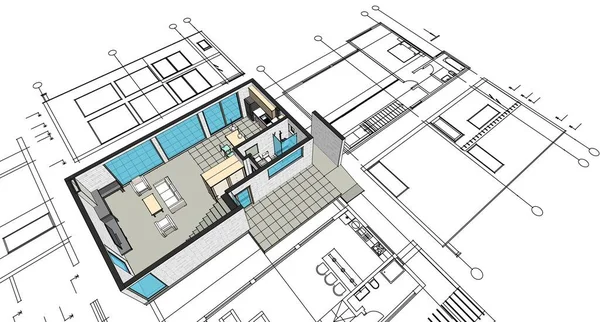 Casa Moderna Projeto Arquitetônico Esboço Ilustração — Fotografia de Stock