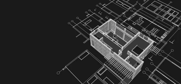 现代房屋建筑草图3D插图 — 图库照片