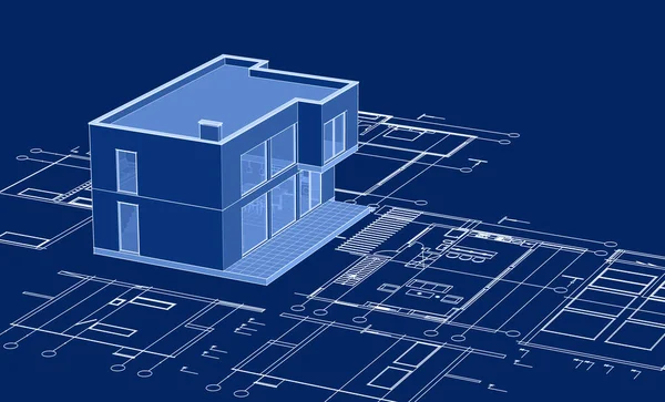 现代房屋建筑草图3D插图 — 图库照片