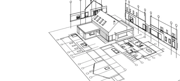 Moderní Dům Architektonický Projekt Skica Ilustrace — Stock fotografie