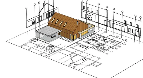 Casa Moderna Projeto Arquitetônico Esboço Ilustração — Fotografia de Stock